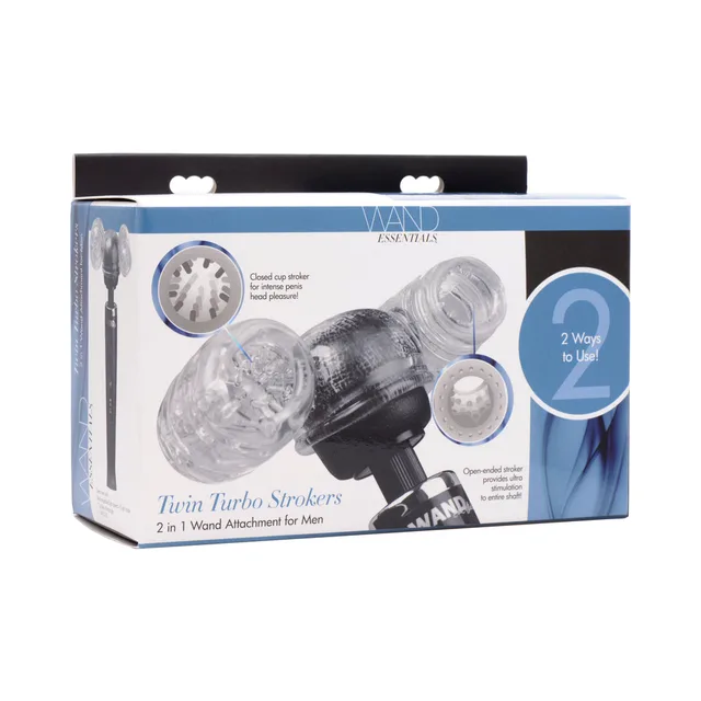 XR Brands Twin Turbo clear dual stroker attachment in blue and white windowed retail box