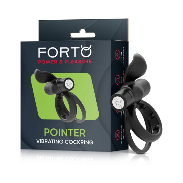 Forto Pointer black dual cock ring beside retail box