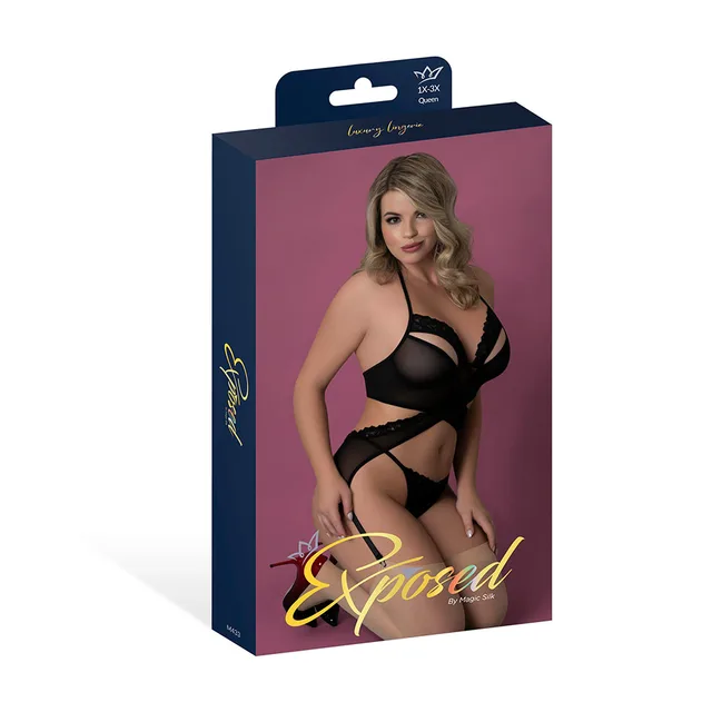 Magic Silk Rush black merry widow set Queen displayed in purple retail packaging
