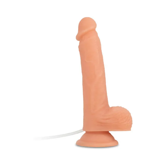 Camtoyz Karion beige squirting dildo upright side view with clear tube