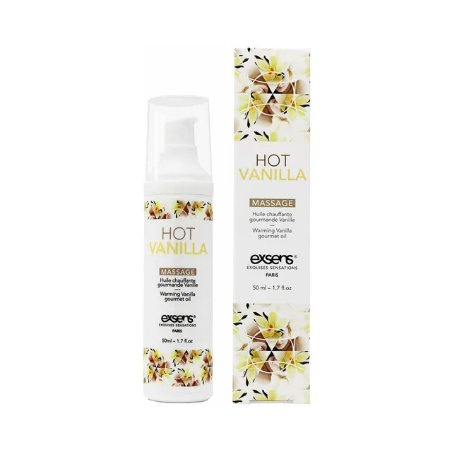 white Exsens Hot Vanilla pump bottle beside cream floral-patterned carton