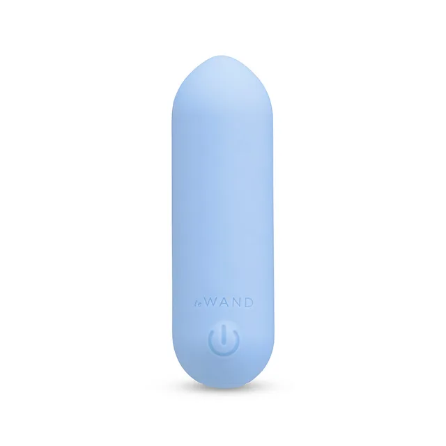 Front view of blue Le Wand Mini Vibe Bullet with power button