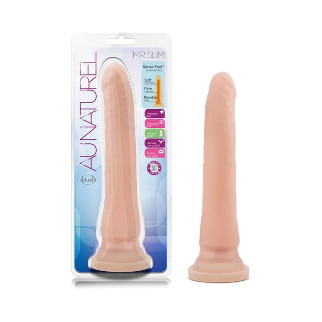 Au Naturel Mr. Slim beige slim dildo beside retail package