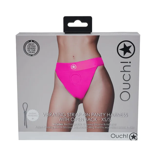 hot pink Ouch open-back strap-on harness XS/S pictured on gray box