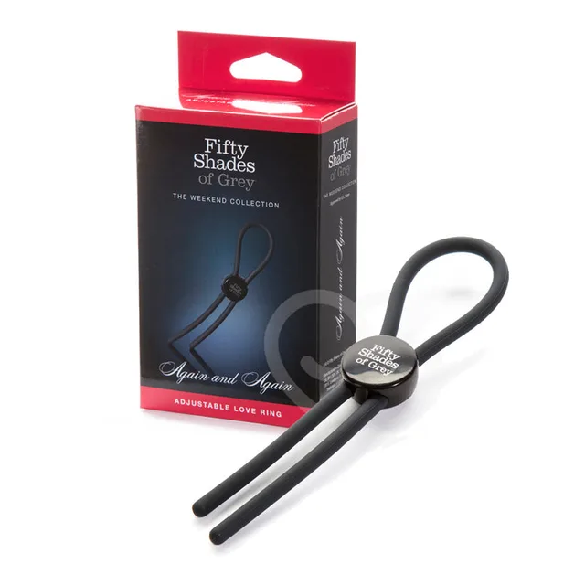 Fifty Shades Again and Again Black Ring adjustable black ring beside black red retail carton