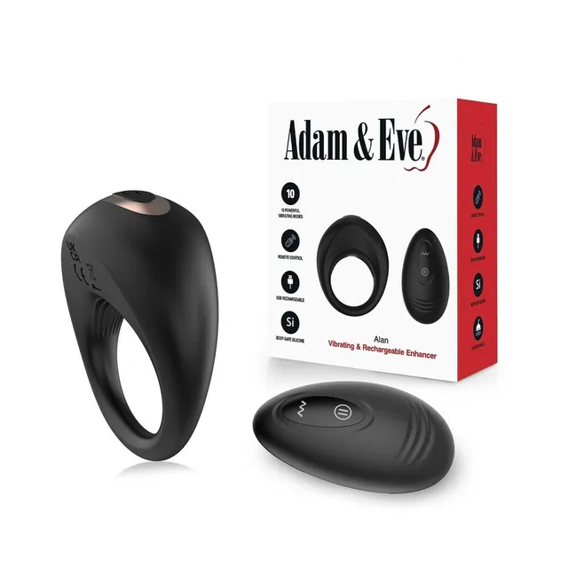 Adam & Eve Alan black remote vibrating ring with remote beside retail box