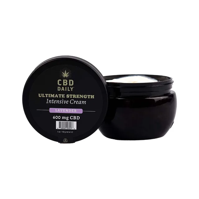 Open CBD Daily Lavender cream jar beside labeled black lid
