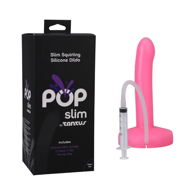 Tantus POP Slim Watermelon pink dildo with syringe beside retail box