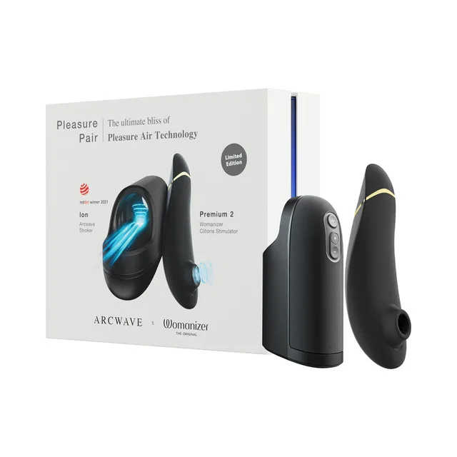 black Arcwave Ion and Womanizer Premium 2 beside white Pleasure Pair box