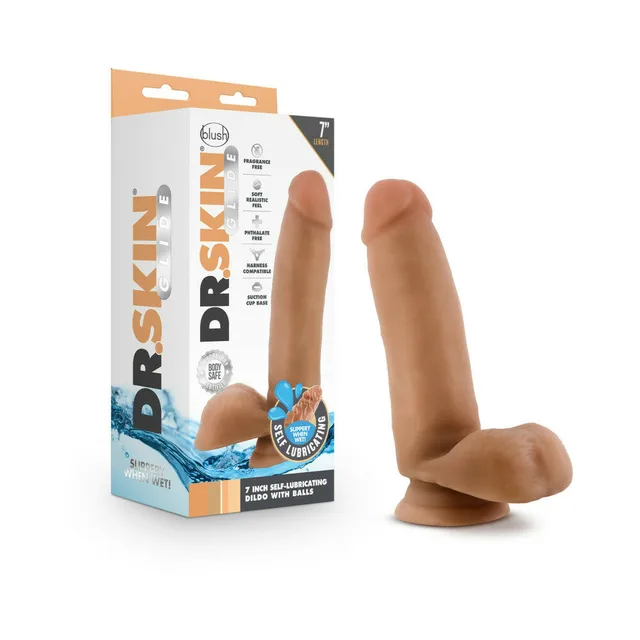 Dr. Skin Glide Tan 7-inch dildo beside retail box