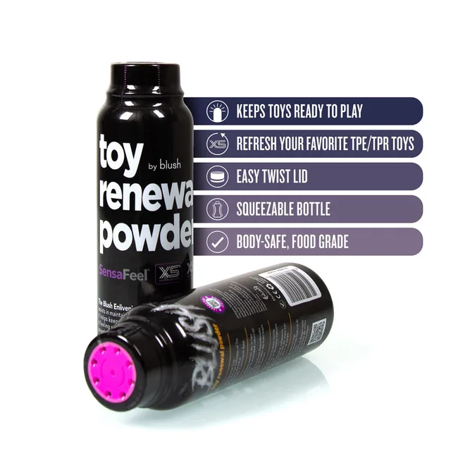 Blush SensaFeel Toy Renewal Powder 3.4 oz bottles beside label feature panel
