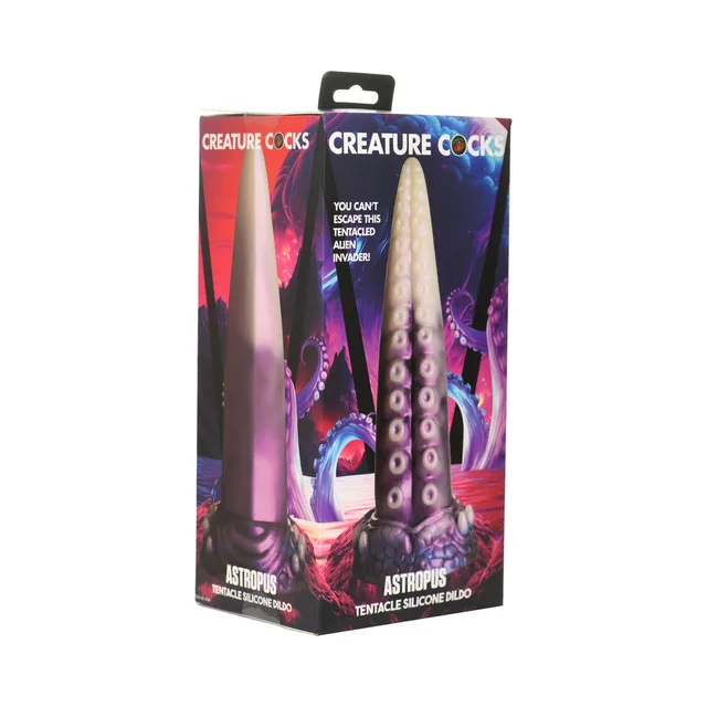 Astropus multicolor tentacle dildo with raised textures displayed on box