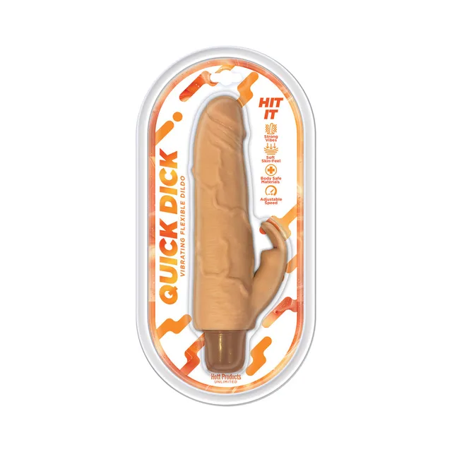 Tan Quick Dick Hit It dildo with curved side arm in clear case
