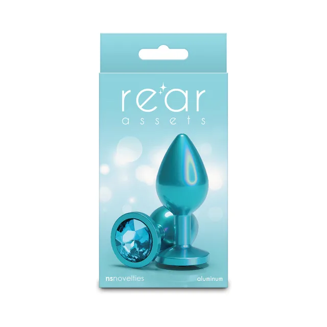 Medium teal Rear Assets aluminum plug with matching jewel base on box