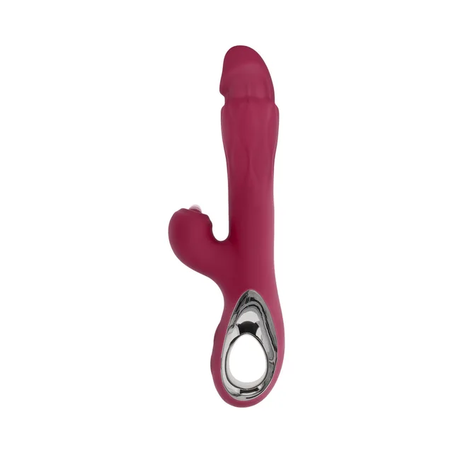 Front view of burgundy dual vibrator and chrome-ring handle