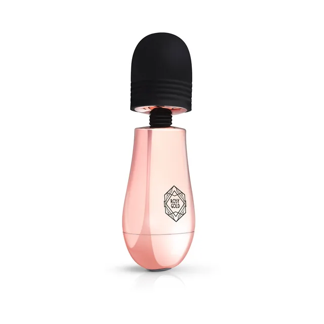rear view of Nouveau Mini Massager with rose-gold handle and black head