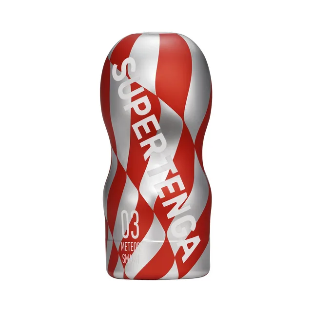 TENGA Super Meteor Smash red and white stroker upright hourglass shell with white base cap