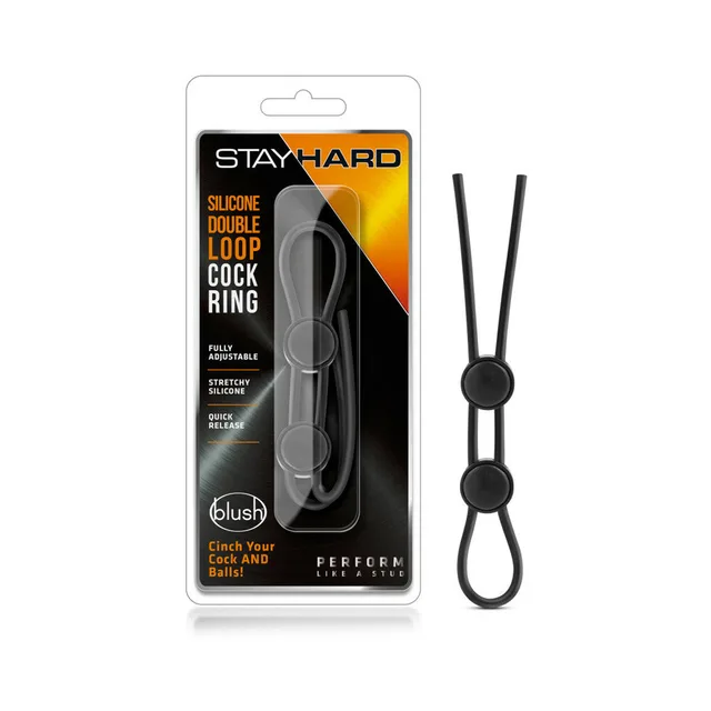 Stay Hard Black Double-Loop Ring beside blister pack