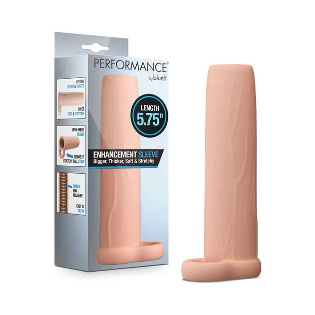 Blush Performance 5.75-inch enhancement sleeve beside its gray retail package