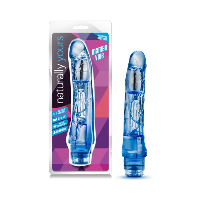 Blue Mambo Vibe vibrator beside Naturally Yours retail card