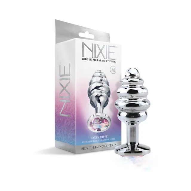 medium Nixie Honey Dipper silver plug beside gradient retail box