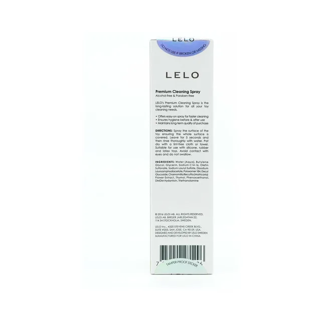 Back panel of tall white LELO intimate cleaning spray box