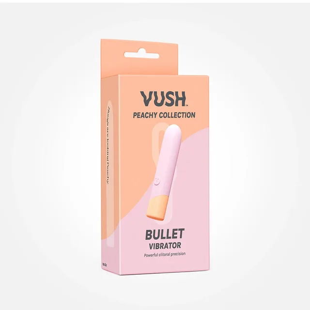VUSH Peachy light-pink bullet vibrator with slim body on peach-colored retail box