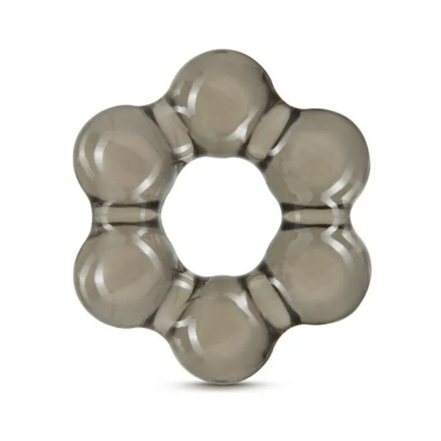Front view of translucent black seven-bead cock ring