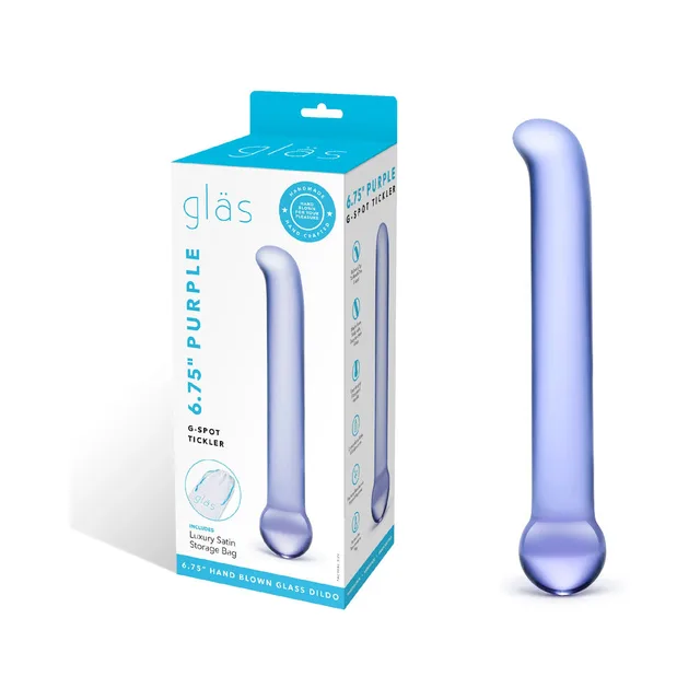 Glas Purple G-Spot Tickler glass dildo beside turquoise retail box