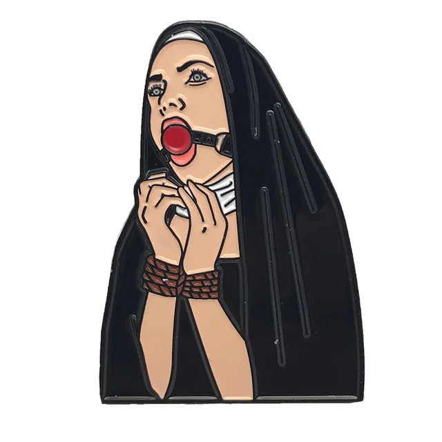Nunsense enamel pin with black-veiled nun bound wrists and red ball gag
