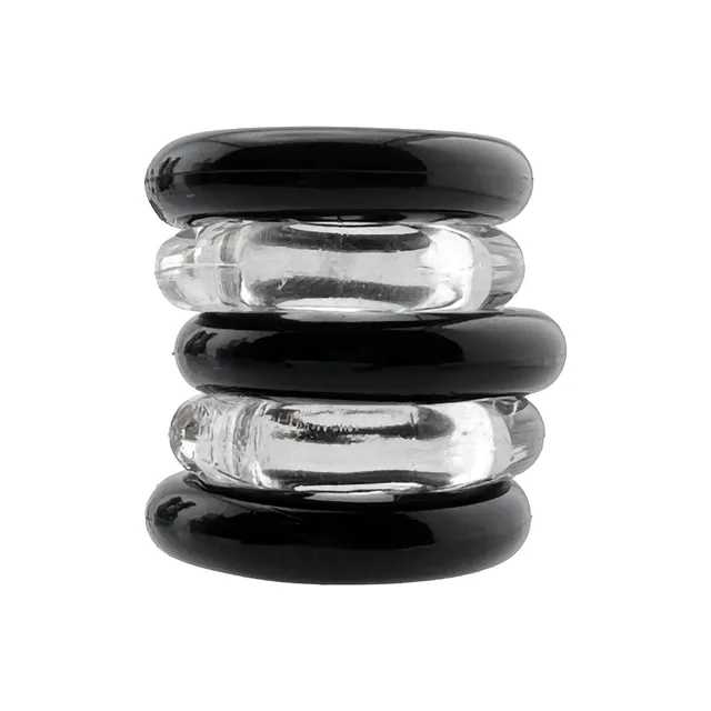 Oxballs Hunkyjunk Jacker clear and black five-pack three black and two clear rings stacked vertically