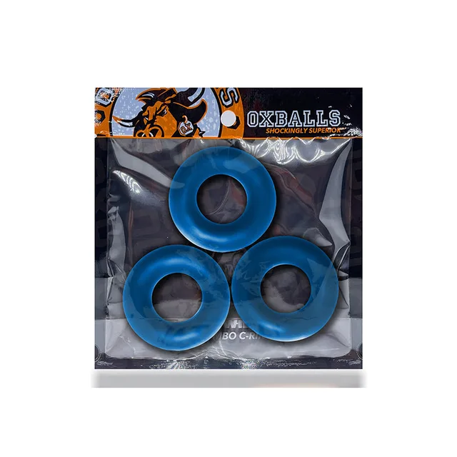 Three OxBalls Fat Willy Space Blue jumbo cock rings in clear retail pouch