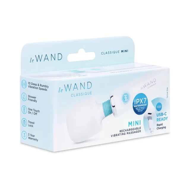 White Le Wand Classique Mini massager in blue and white retail box