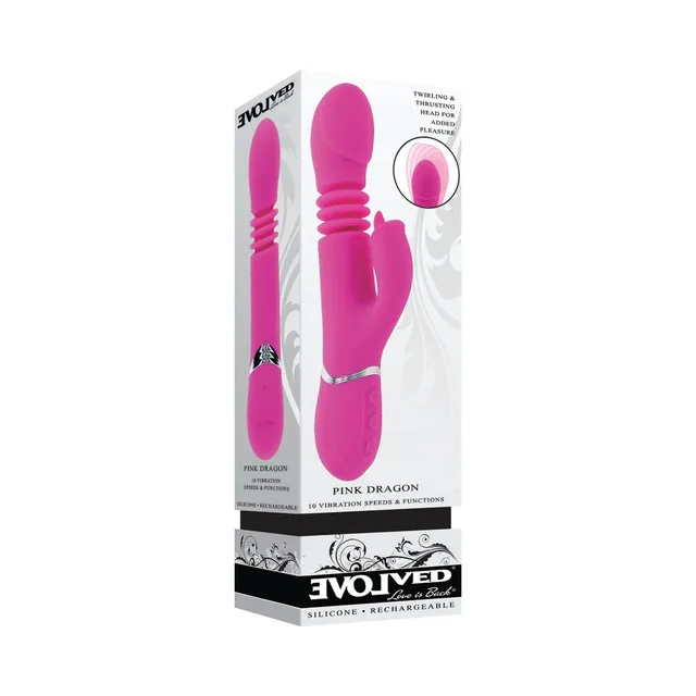 magenta Evolved Pink Dragon dual stimulator standing inside its white retail box