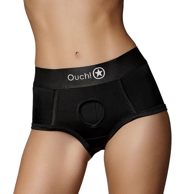 Shots Ouch black XS/S vibrating strap-on brief front worn view