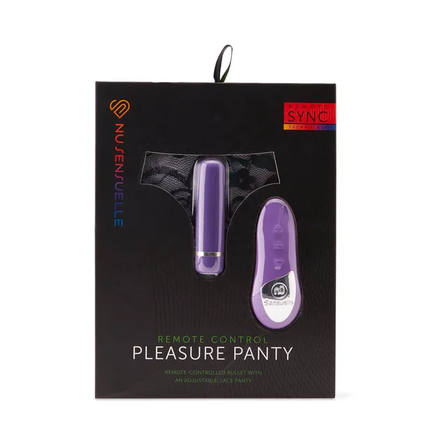 Nu Sensuelle Purple Pleasure Panty vibrator and remote displayed in black retail box