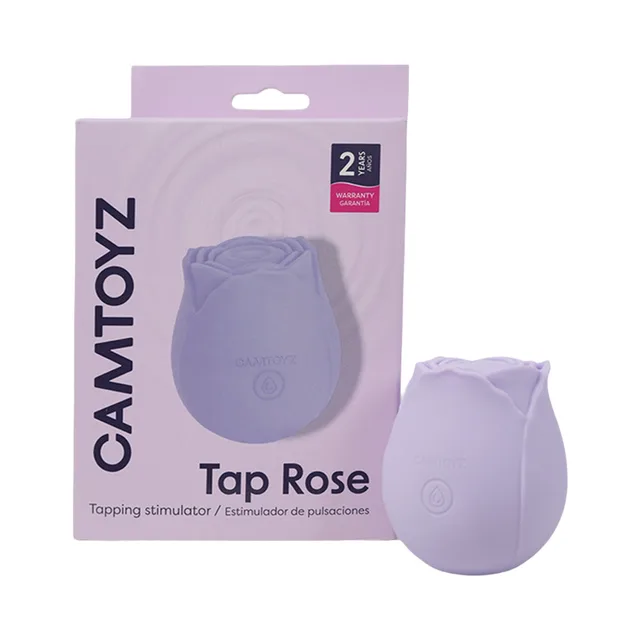 Camtoyz Tap Rose purple pulsation stimulator displayed beside the lavender retail box