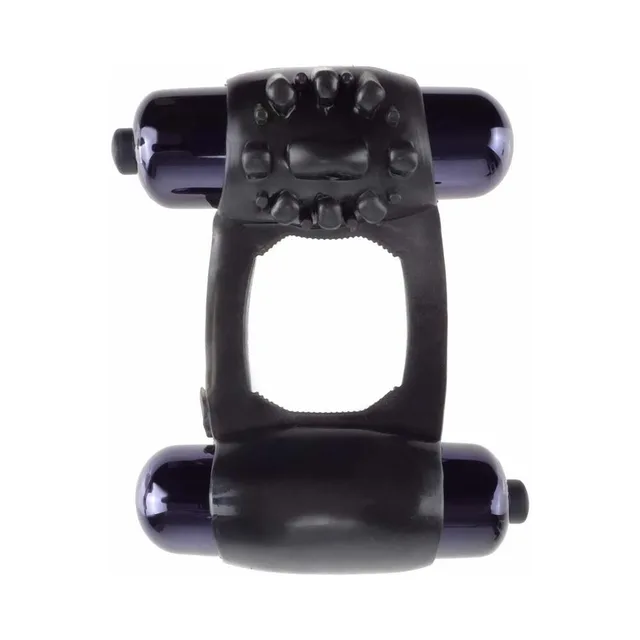 Pipedream Fantasy C-Ringz Black Dual-Bullet Ring front view with two bullets