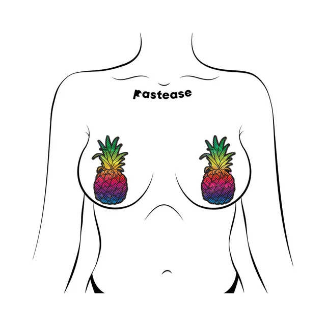 Pastease sparkling rainbow pineapple breast pasties front placement illustration on a torso outline