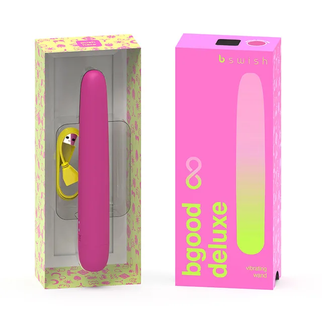 rose B Swish Bgood Infinite Deluxe wand with yellow USB cable and pink retail box