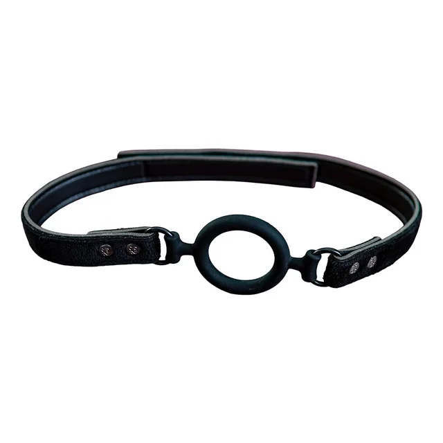 Black O-ring gag with padded straps, silver connectors and snap closures