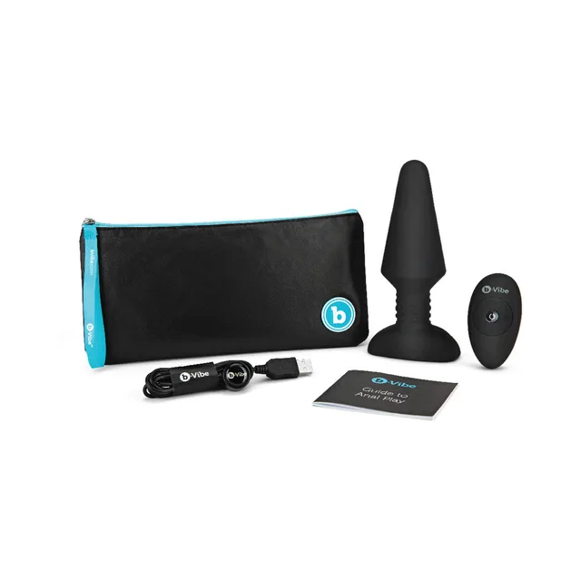 b-Vibe Rimming XL black plug, remote and zip pouch arranged together