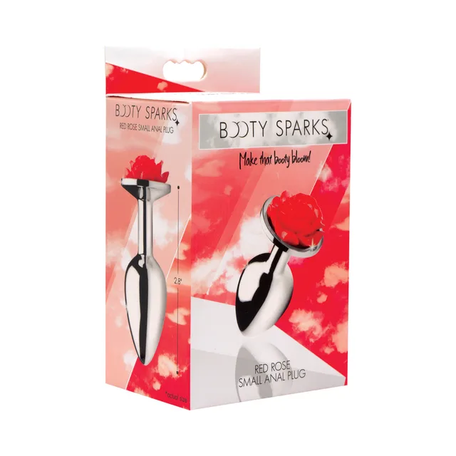 small silver Booty Sparks anal plug with sculpted red rose base on box