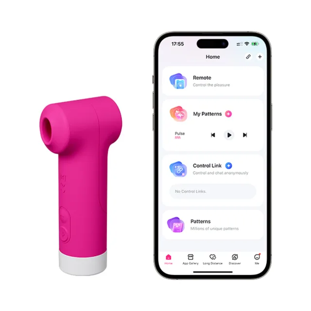 pink Lovense Fizz dual-head device beside Remote app screen