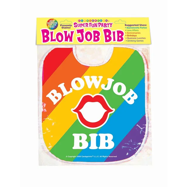 rainbow striped Blow Job Bib with white lettering in clear package
