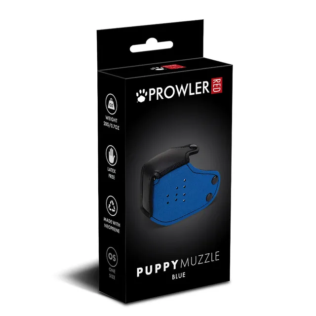 Prowler RED blue neoprene Puppy Muzzle pictured on black retail box with perforations black edging and side snaps