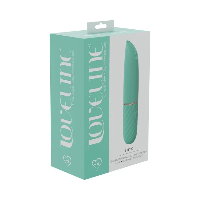 green LoveLine Beso lipstick vibrator pictured on teal box