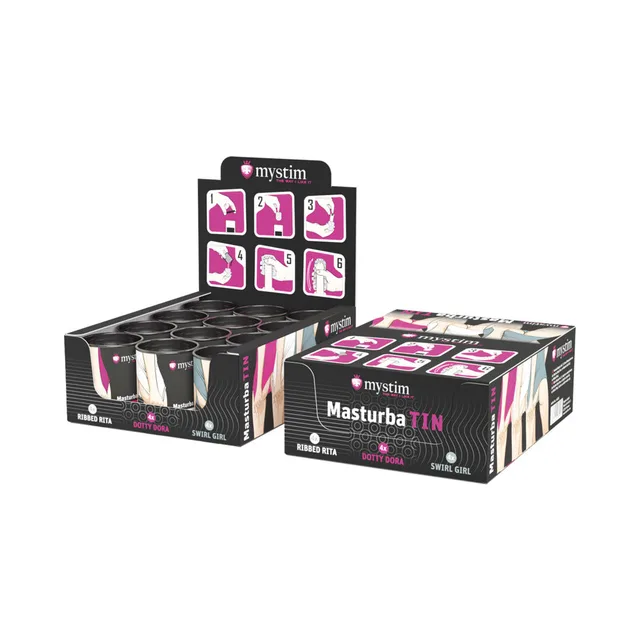 front view of Mystim 12-piece MasturbaTINS counter display with upright instruction card