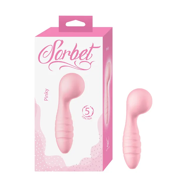 Light-pink Nasstoys Sorbet Pinky curved bullet vibrator beside retail box
