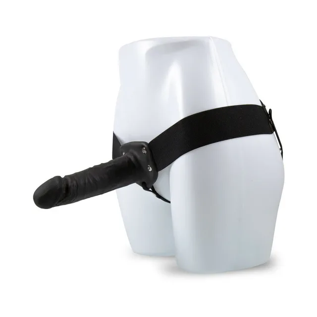 Black Dr. Skin 7-inch hollow strap-on mounted on mannequin with black harness